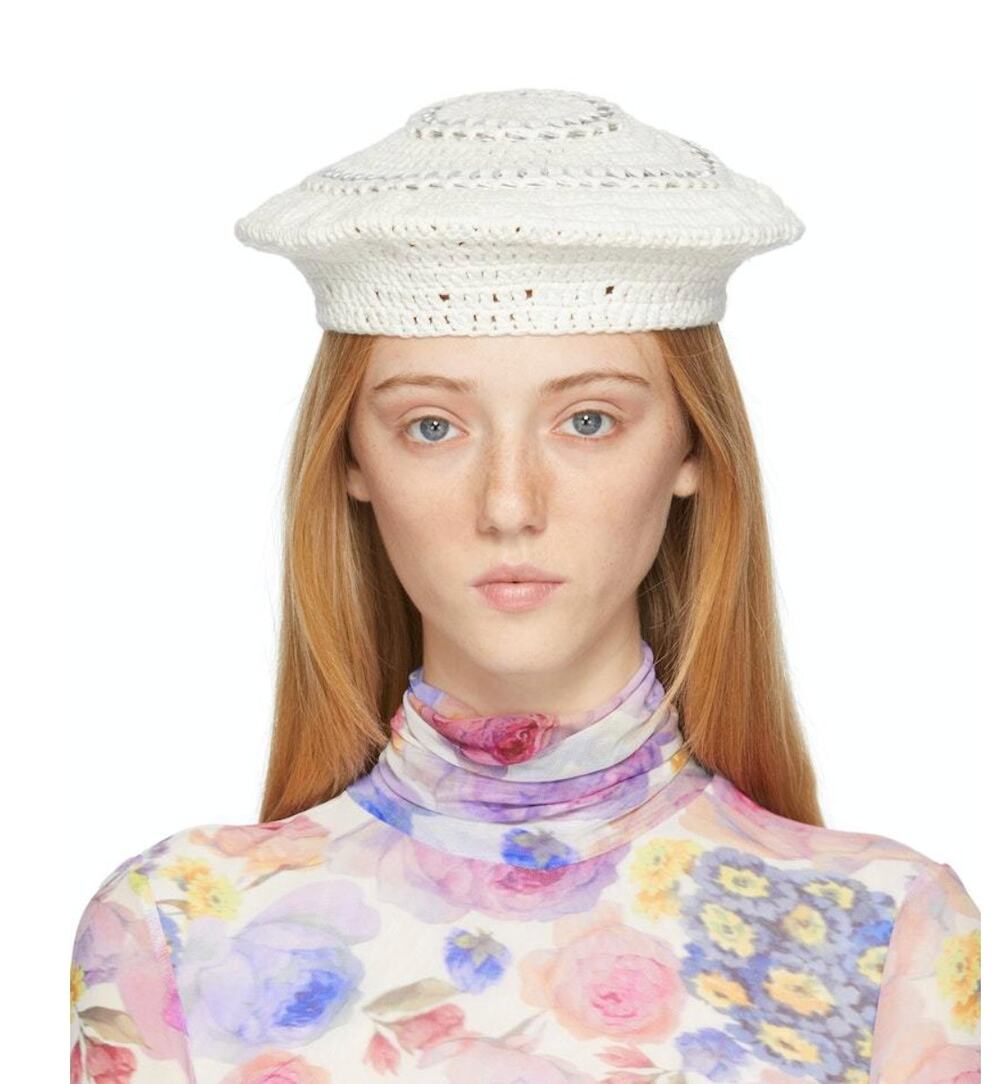 GANNI Crochet Disc-Embellished Beret Egret Ivory NWT A3485 MSRP $120